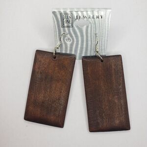 Boho Long Brown Wood Rectangle Block Earrings